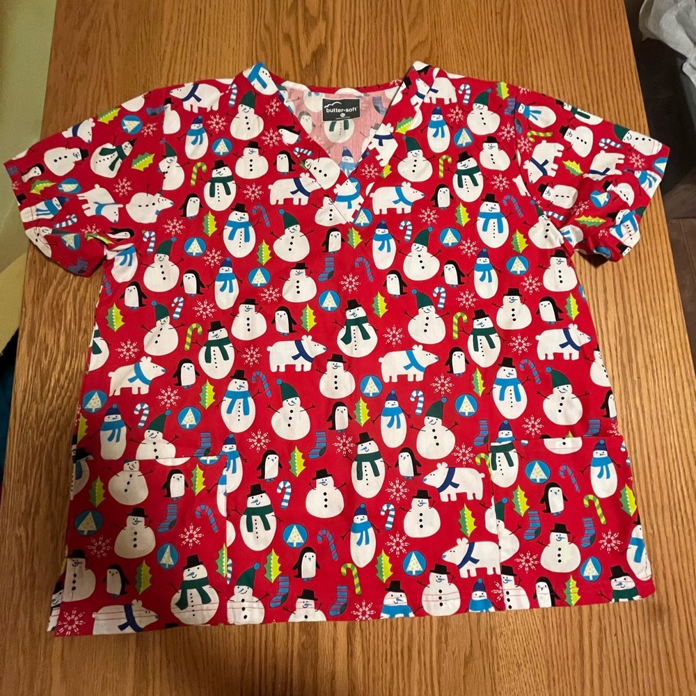 Womens Scrub Top Butter-Soft by UA Cotton Blend Christmas Red Snowmen 2 Pocket